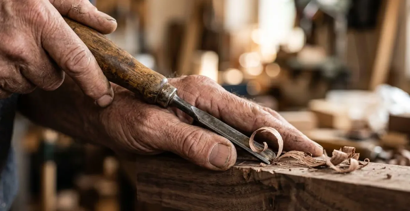 Primo piano delle mani di un artigiano al lavoro con strumenti tradizionali