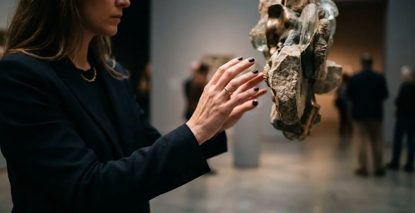 Mani del visitatore mantenute a distanza rispettosa da scultura contemporanea