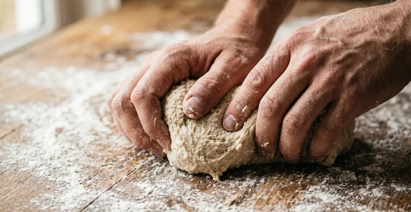 Mani che impastano il pane su tavolo di legno con farina, vista macro ravvicinata