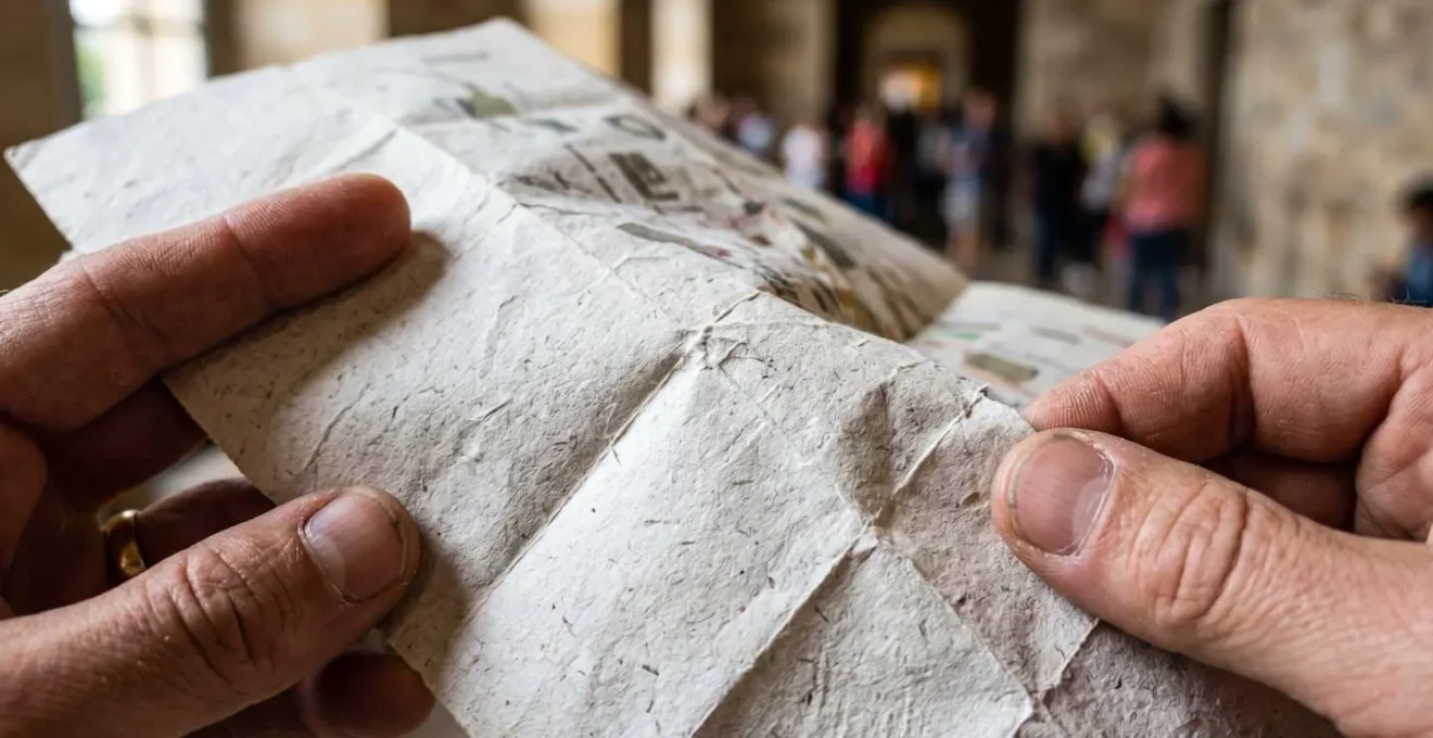 Dettaglio macro di mani che tengono una mappa del museo con texture della carta visibile