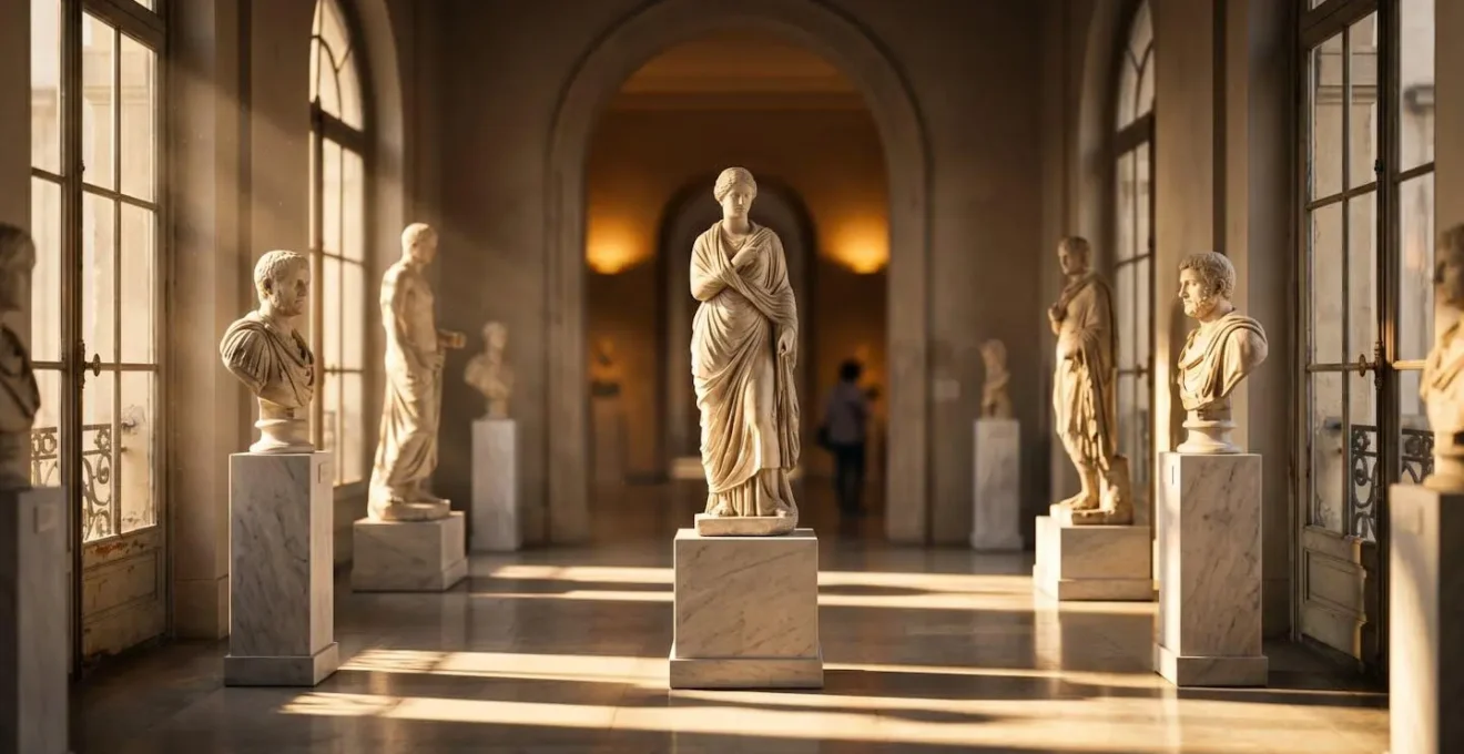 Interno di museo con luce calda del tramonto che illumina le sculture classiche