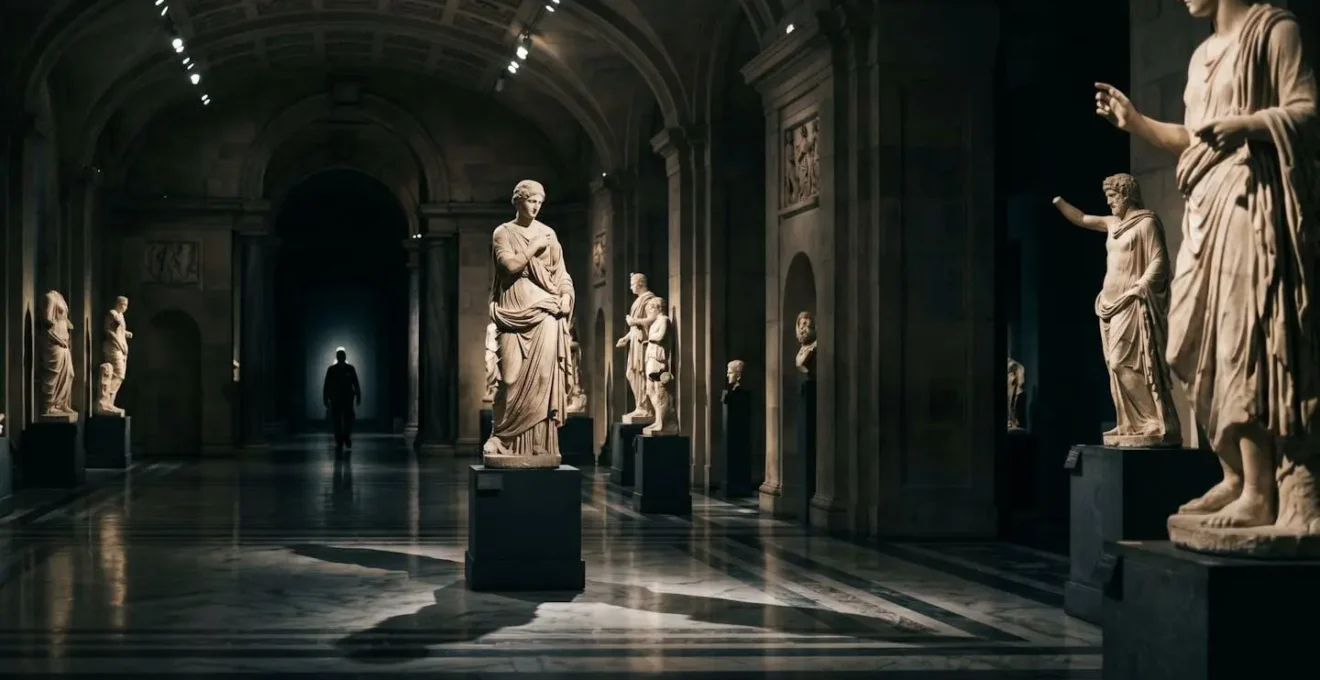 Sala museale vuota di notte con sculture rinascimentali illuminate da luce drammatica