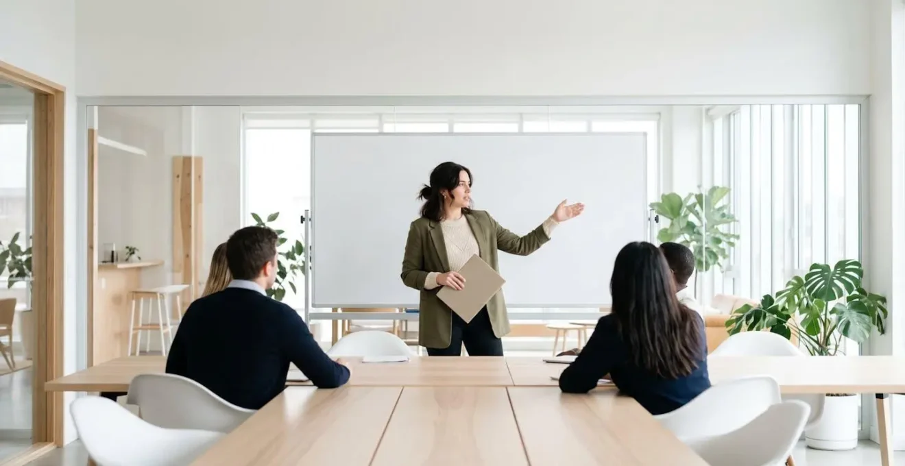 Giovane professionista che presenta un'idea di progetto con entusiasmo al proprio team in un ufficio moderno e luminoso.