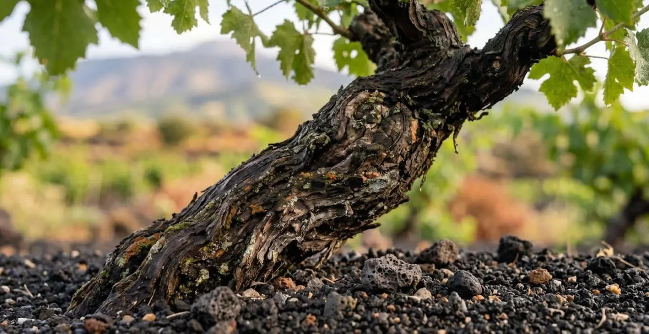 Vista ravvicinata di antiche viti ad alberello su terreno vulcanico nero con dettagli delle foglie e dei grappoli