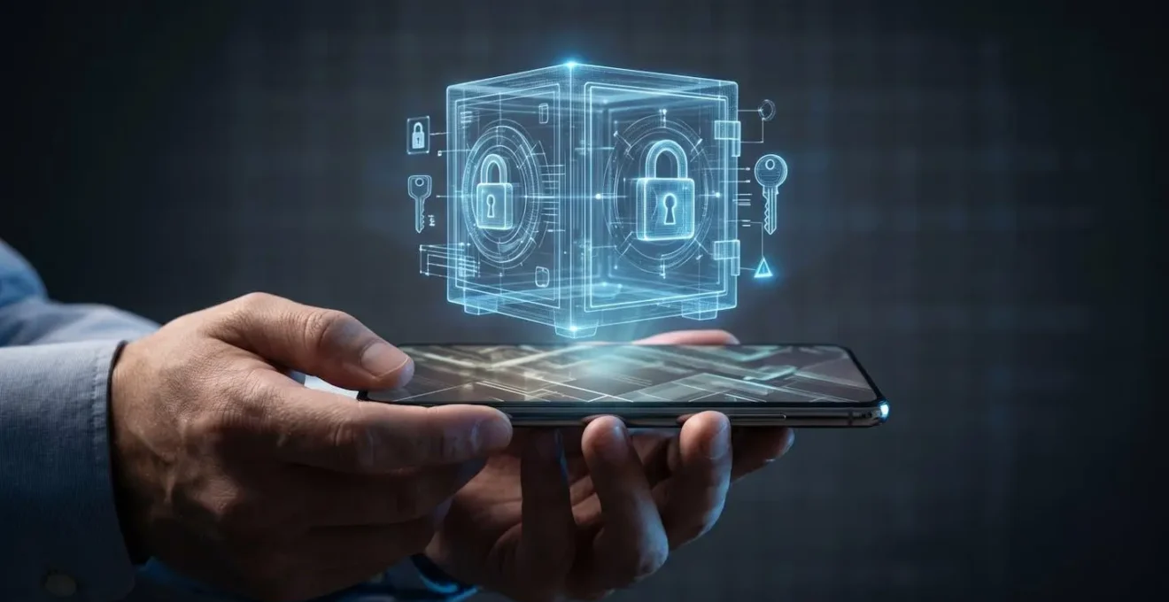 Mani che tengono smartphone con app di gestione password, cassaforte digitale sullo sfondo