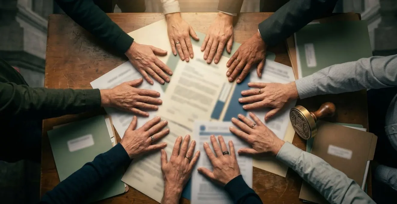 Cittadini e funzionari comunali durante la firma di un patto di collaborazione in un ufficio pubblico