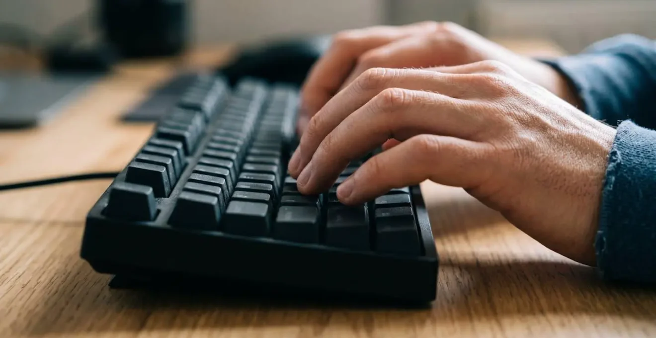 Mani ferme sulla tastiera in momento di pausa consapevole prima di rispondere