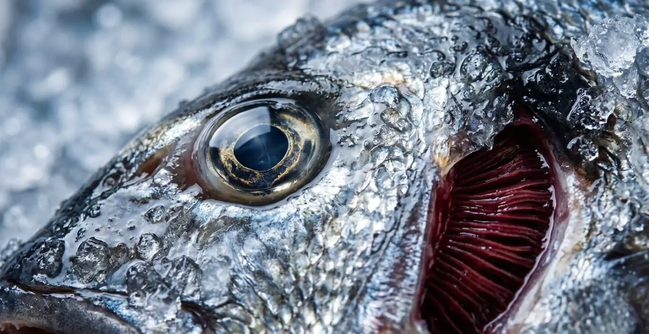 Dettaglio ravvicinato degli occhi brillanti e delle branchie rosse di un pesce fresco