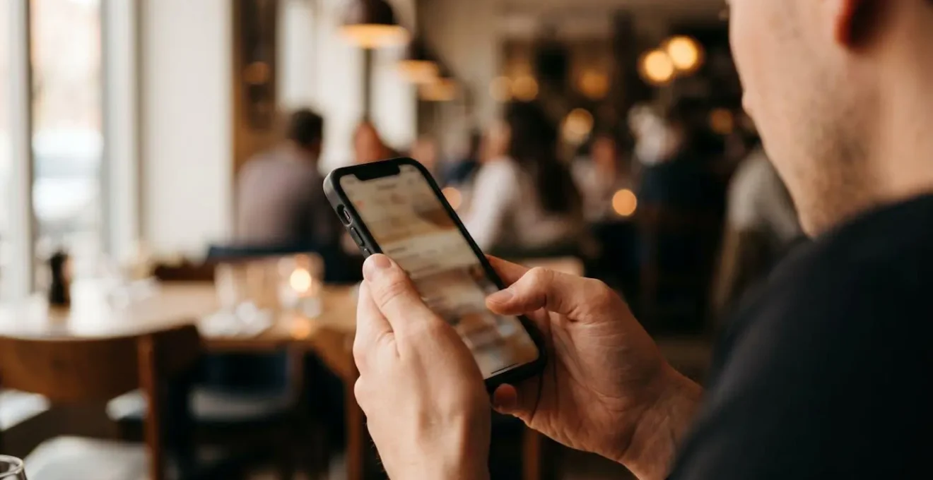 Mani che navigano su smartphone per prenotazioni ristoranti con calendario eventi
