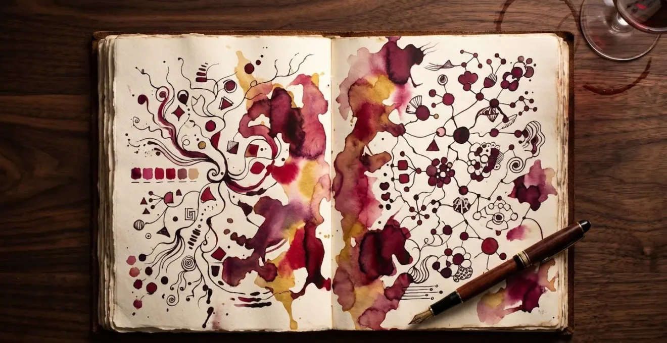 Quaderno di degustazione aperto con schizzi e note colorate per memorizzare i vini