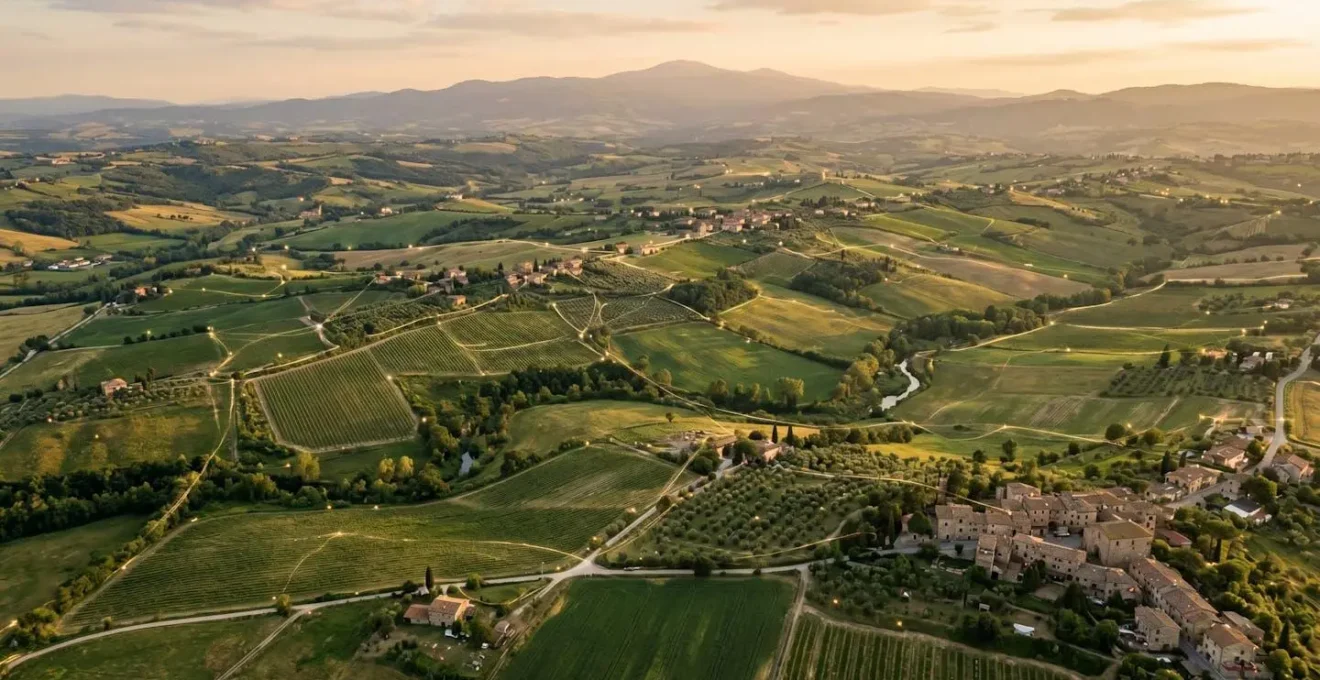 Vista aerea di un paesaggio con punti luminosi interconnessi che rappresentano la rete di dati sulla biodiversità