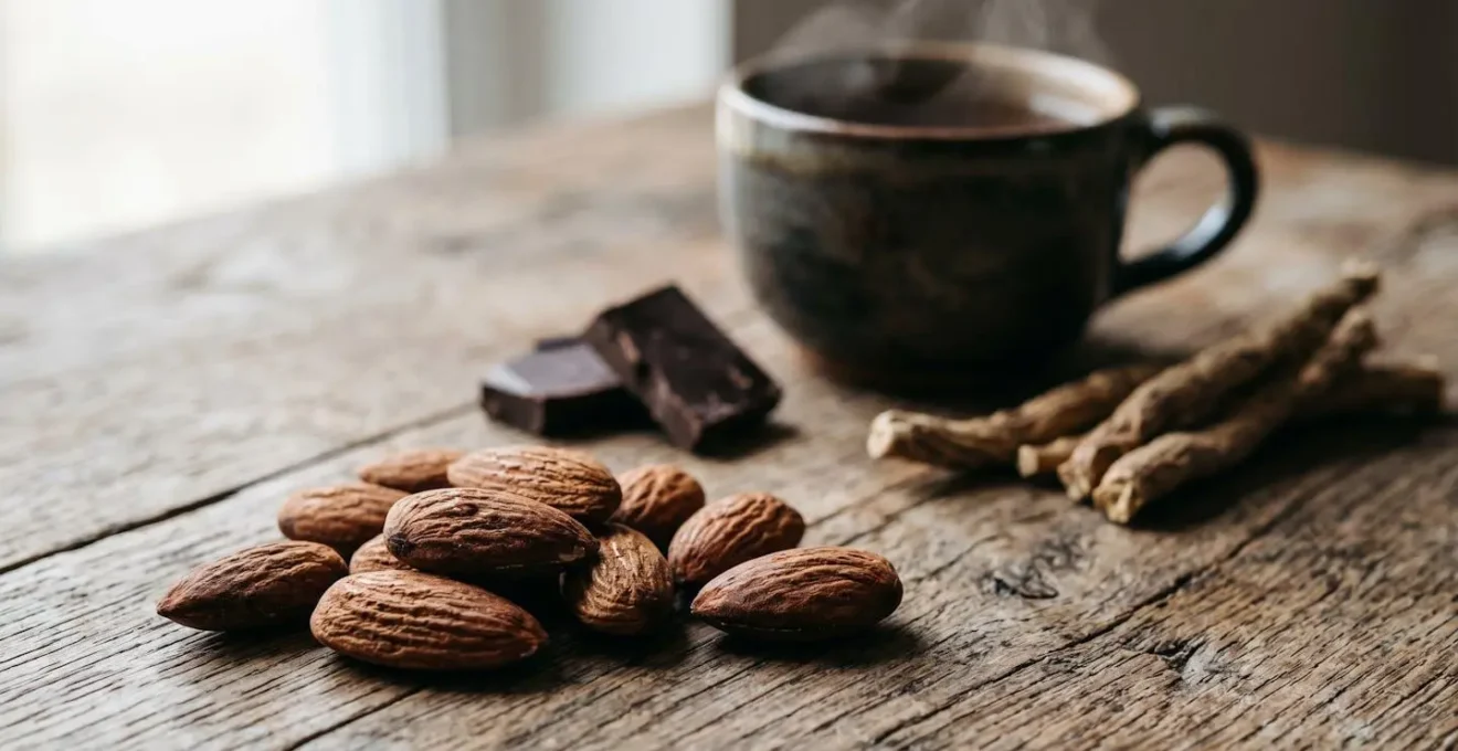 Tavolo con alternative naturali alla caffeina come tisane, ashwagandha e mandorle per gestire l'astinenza