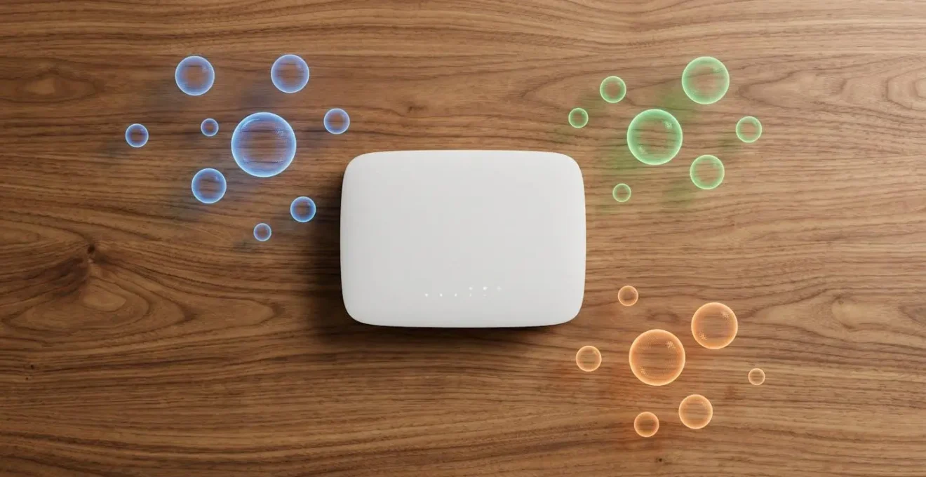 Vista dall'alto di router moderno con visualizzazione olografica di reti separate