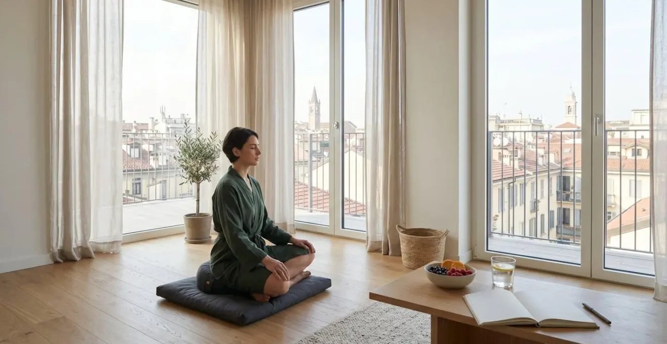 Professionista che pratica meditazione mattutina con vista sui tetti di Milano