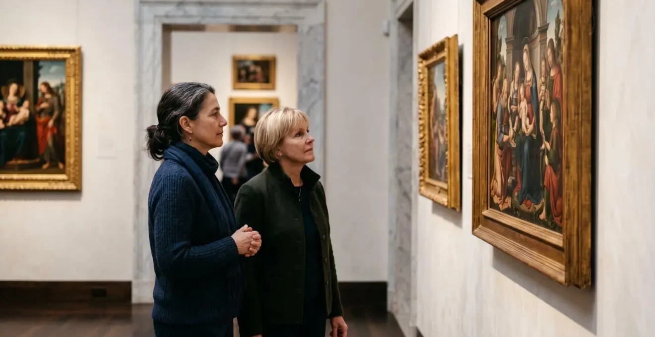 Sala secondaria di museo con pochi visitatori che ammirano dipinti rinascimentali