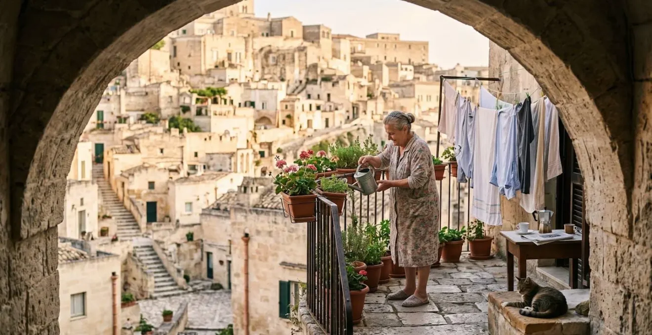 Vicolo dei Sassi di Matera con residenti locali nella loro vita quotidiana, ripreso con rispetto dalla distanza
