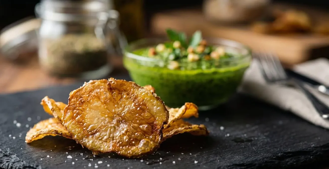 Composizione macro di bucce di patate dorate trasformate in chips e foglie di carota per pesto