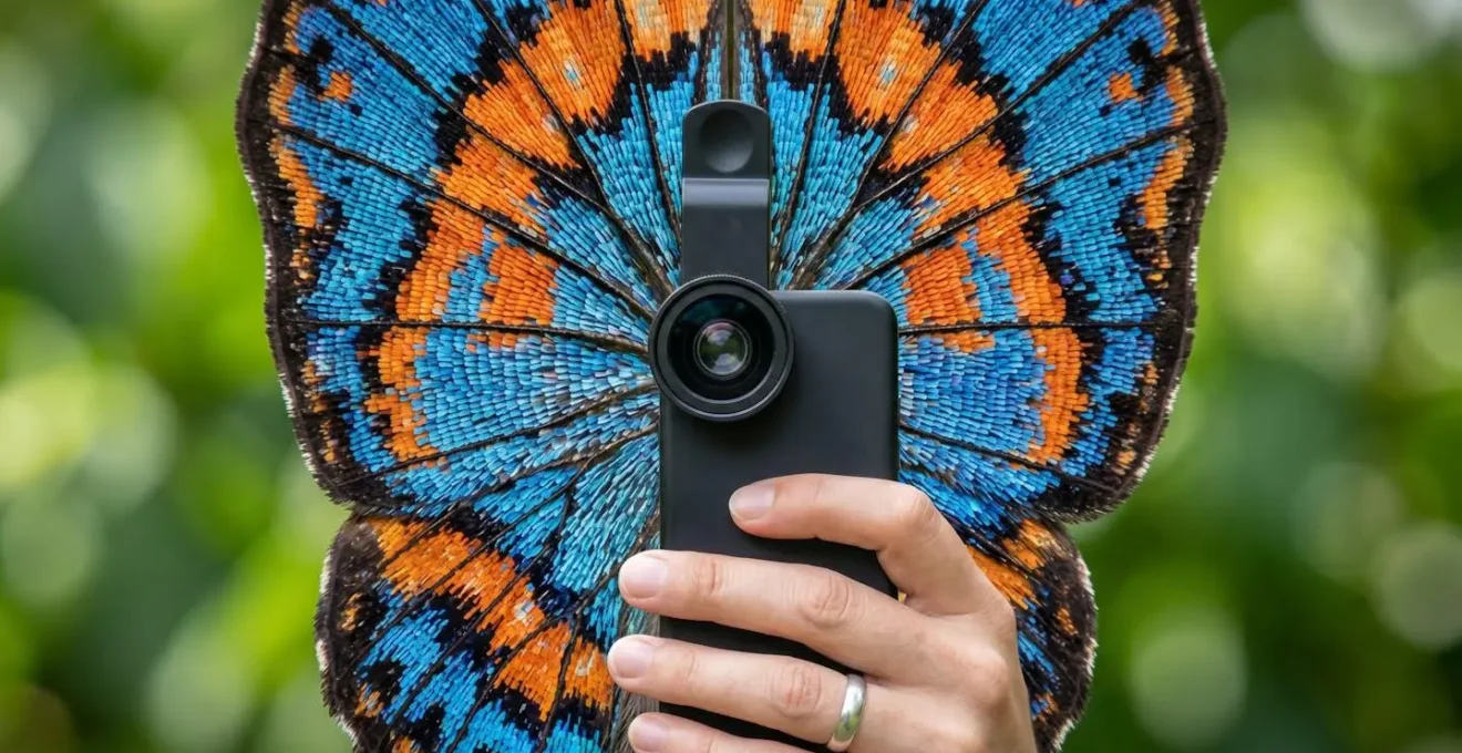 Mano che tiene smartphone con lente macro attaccata fotografando dettaglio di ala di farfalla