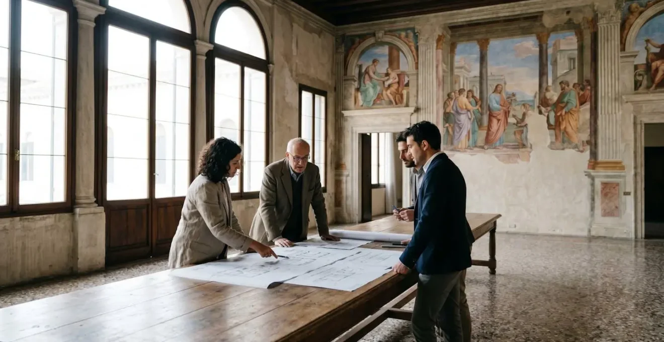 Architetto che esamina documenti di restauro di un palazzo storico