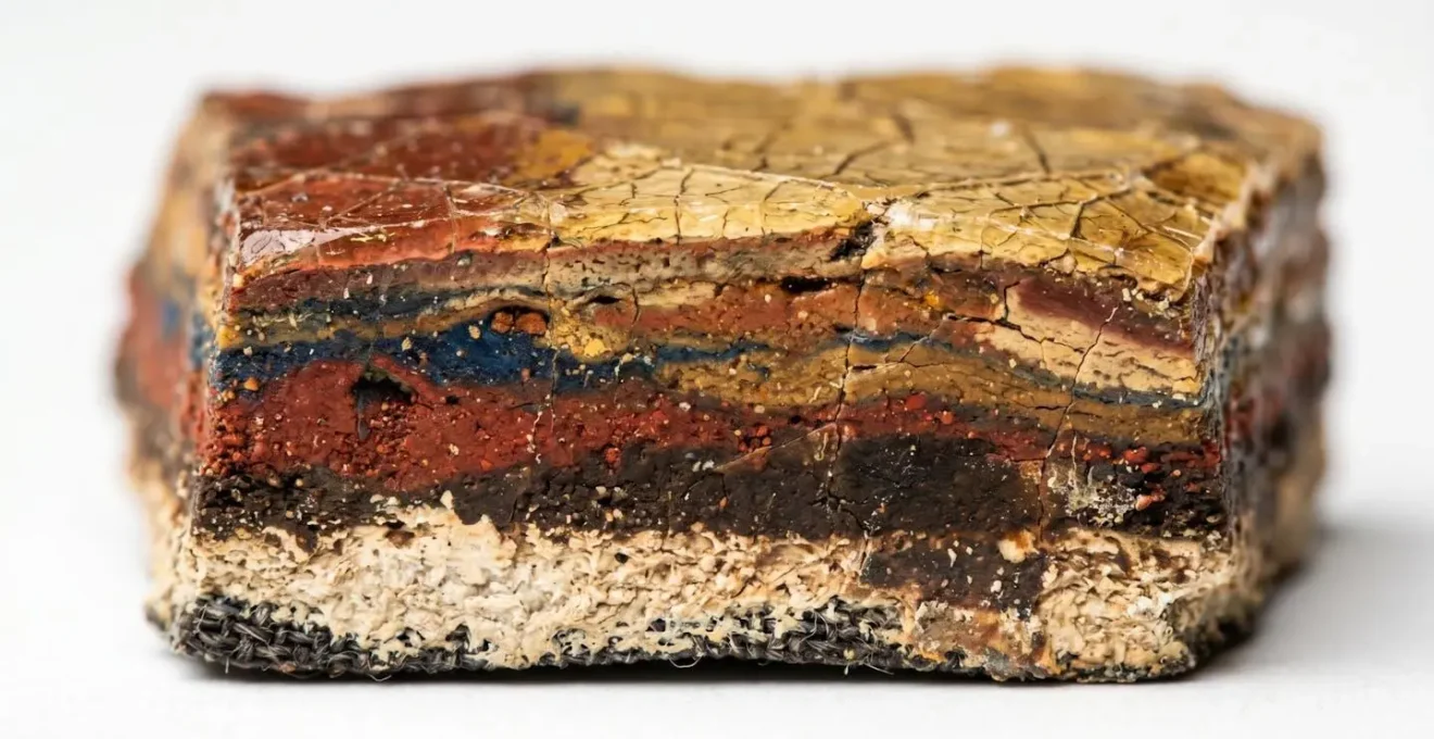 Sezione microscopica degli strati di velatura su un dipinto antico che mostra la complessità della superficie pittorica