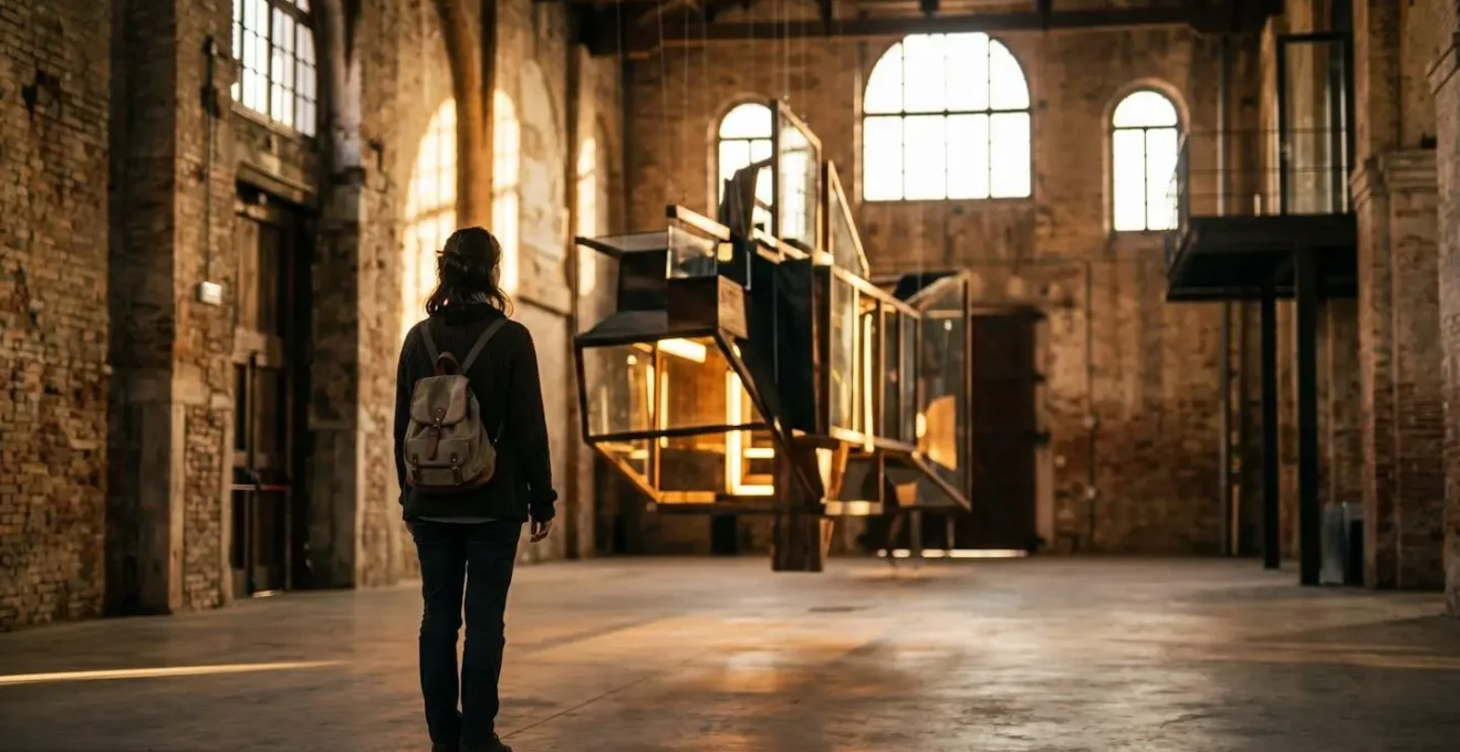 Visitatore solitario che esplora l'Arsenale di Venezia nelle ore del tardo pomeriggio con luce dorata
