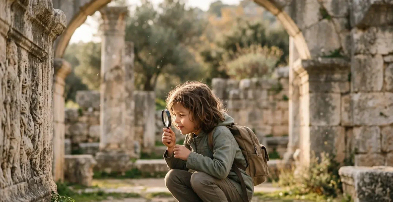 Bambino con zaino da esploratore osserva con lente d'ingrandimento un dettaglio archeologico