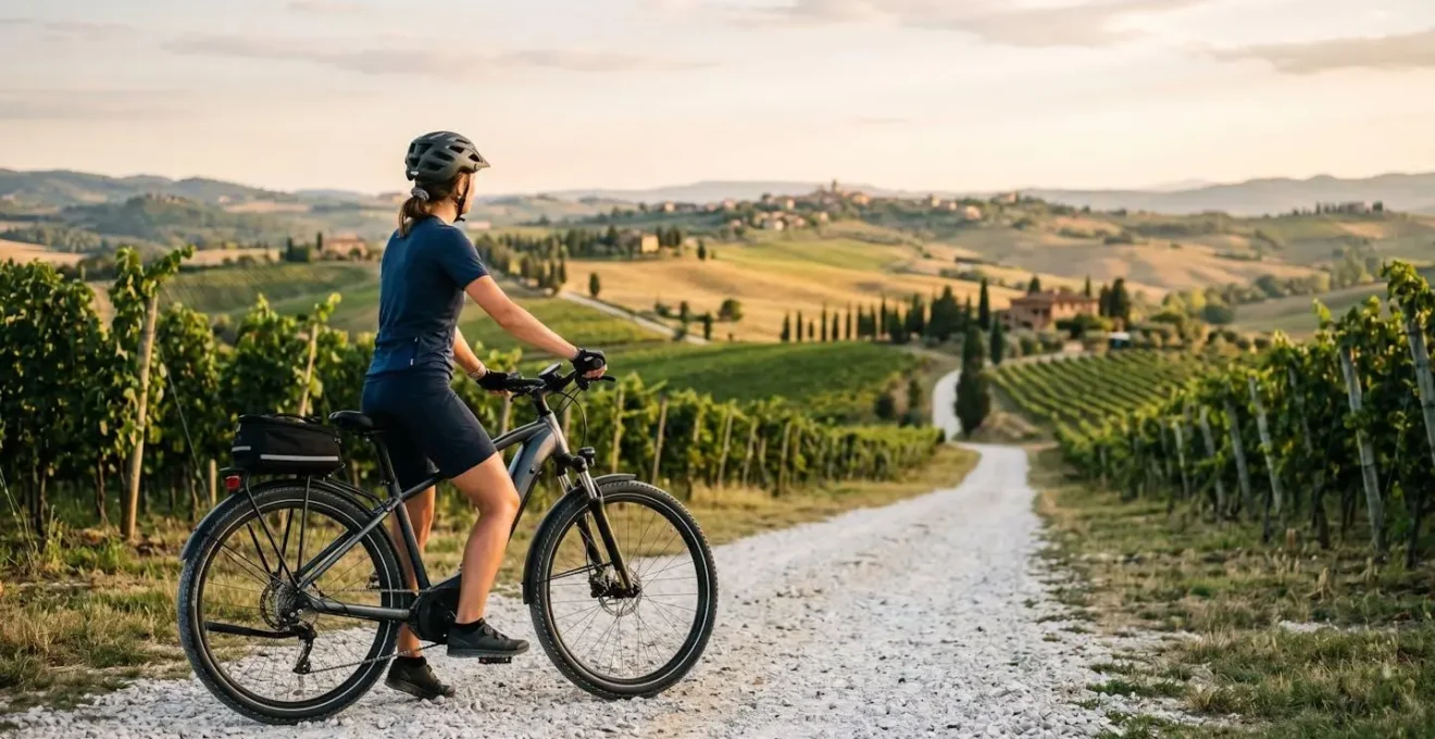 Ciclista su e-bike tra i vigneti del Chianti con vista panoramica