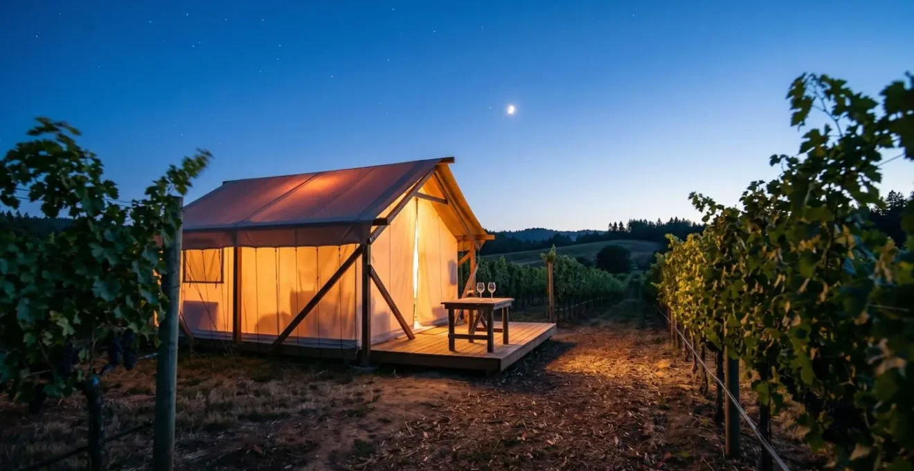 Tenda glamping illuminata tra i vigneti sotto il cielo stellato
