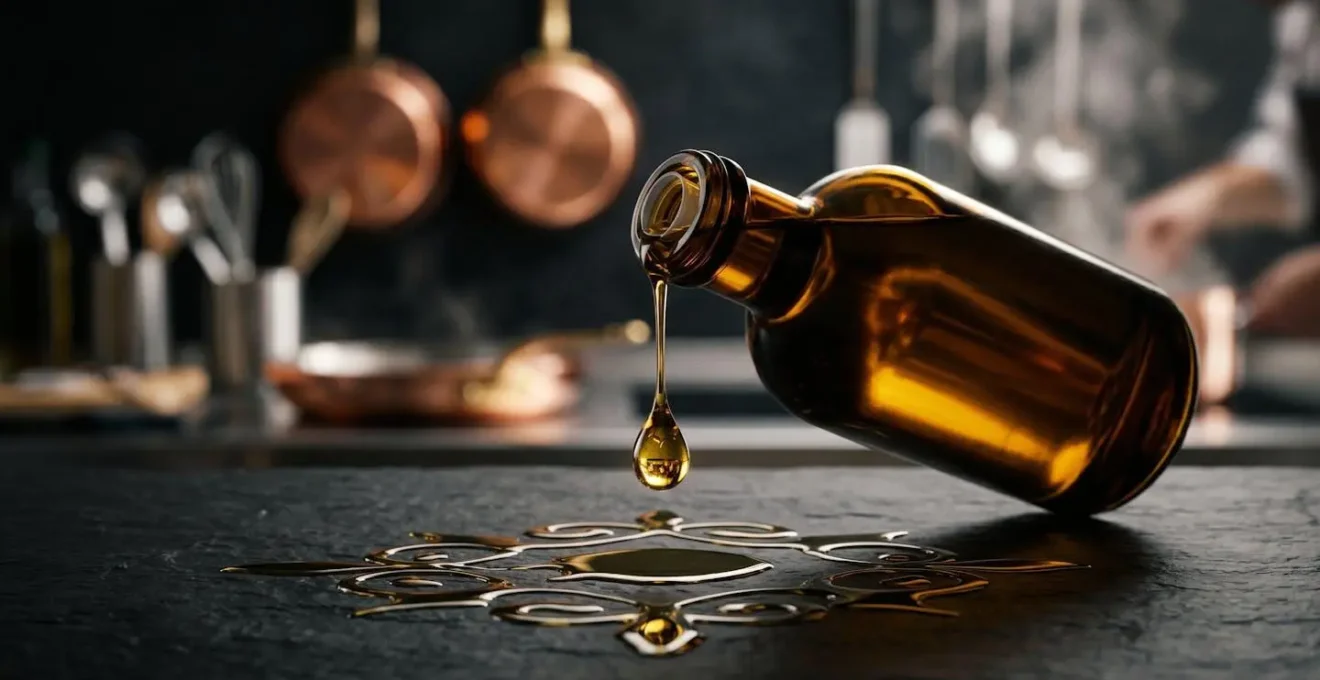 Bottiglia di olio DOP pregiato con olive fresche e utensili da cucina professionale